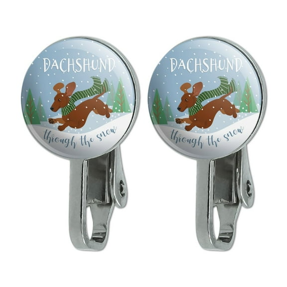 Dachshund Dashing Through the Snow Winter Christmas Novelty Clip-On Stud Earrings