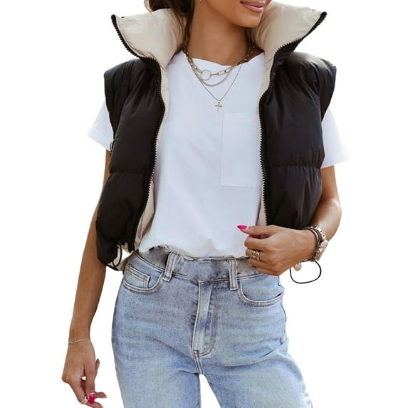 KOMOO Women Cropped Puffer Vest Stand Collar Zipper Cropped Padded Gilet Lightweight Drawstring Puffer Vest