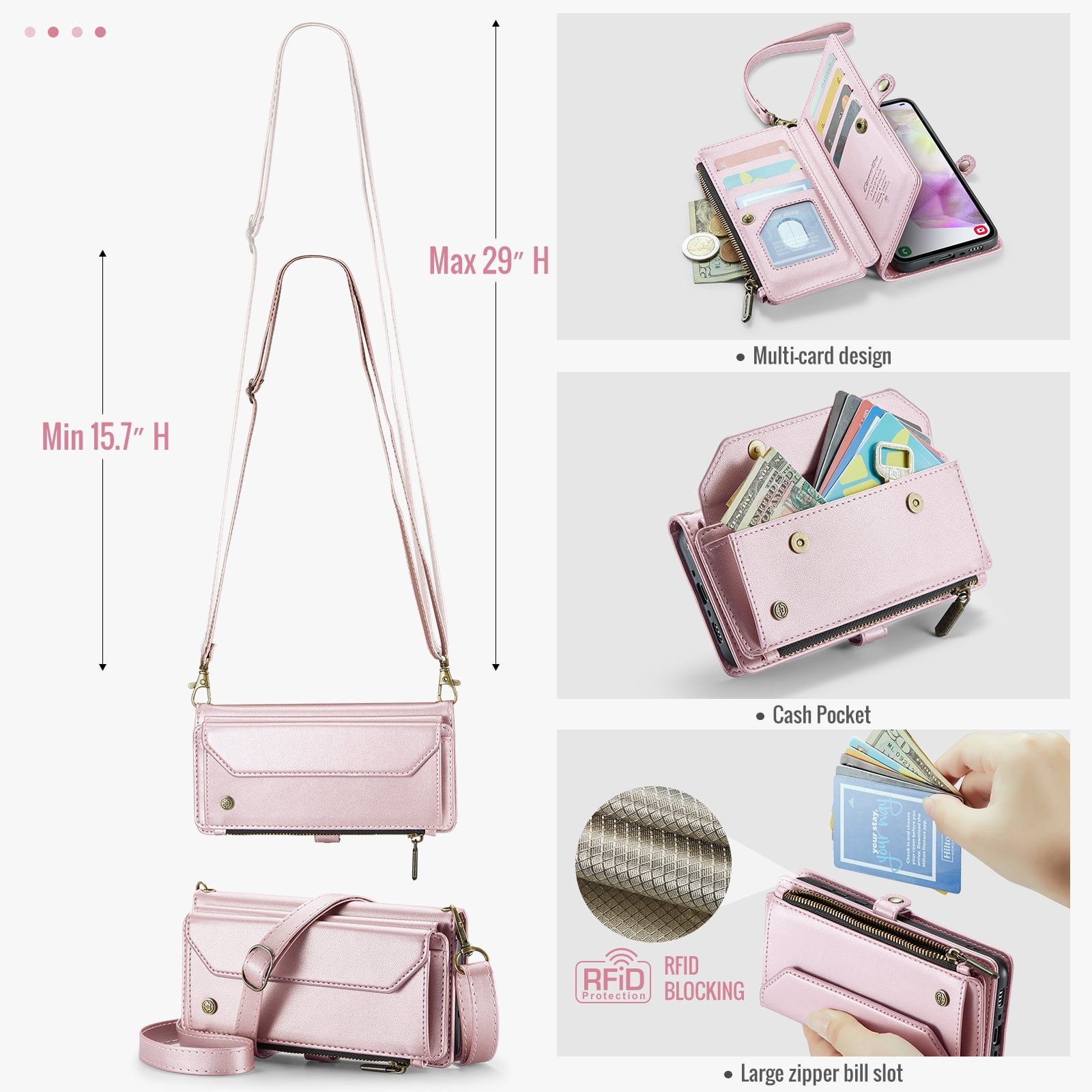 for Samsung Galaxy A14 5G Full Body Protection Wallet Folio Flip Case, Shoulder Strap & Wristlet Card Slots Zipper Pocket RFID Blocking Rugged Durable PU Leather Phone Case Cover, Pink