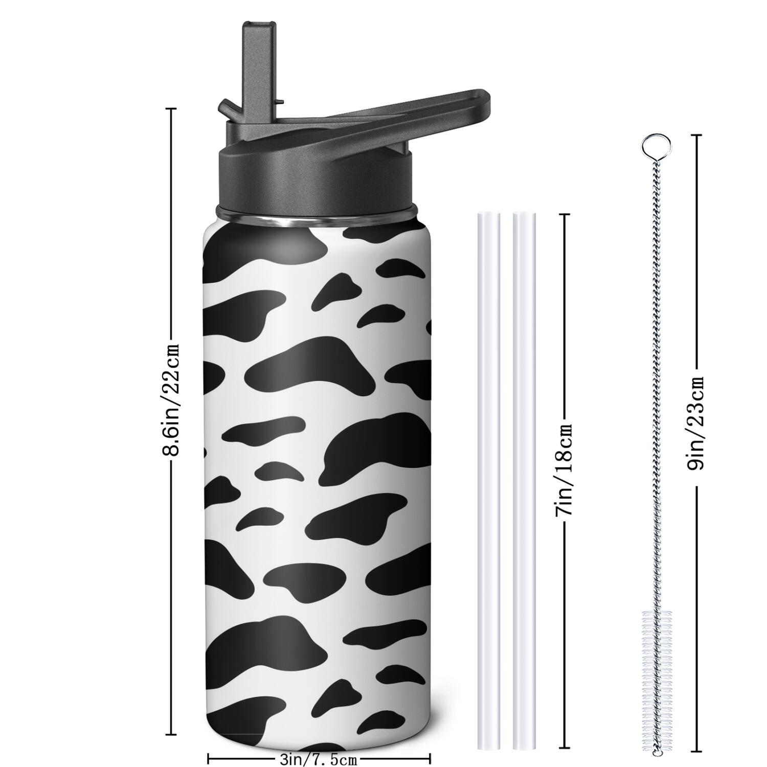 Leopard Print Insulated Stainless Steel Water Bottle with Straw & Cleaning Brush – 18 Oz | Leakproof, BPA-Free, 304 Stainless Steel, Wide Mouth, Travel Mug for Car, Gym, Office