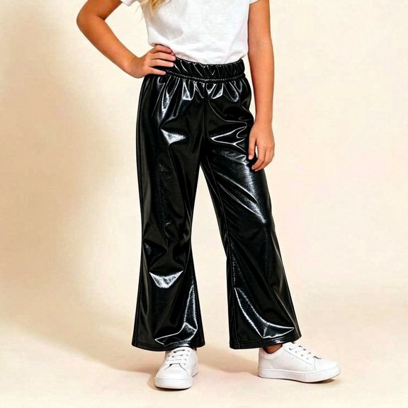 JOANKDMI Girls Faux Leather Flare Pants Size 5-6 High Waisted Shiny Metallic Bell Bottoms Elastic Waist Flattering Trousers for Dance Party Rave Clubwear Retro Style
