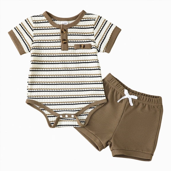 mgoYE Newborn Baby Boy Girl Clothes 3 6 9 12 18 Months Ribbed Knit Short Sleeve Romper Shorts Set 6-9 Months Infant Summer Outfits Coffee