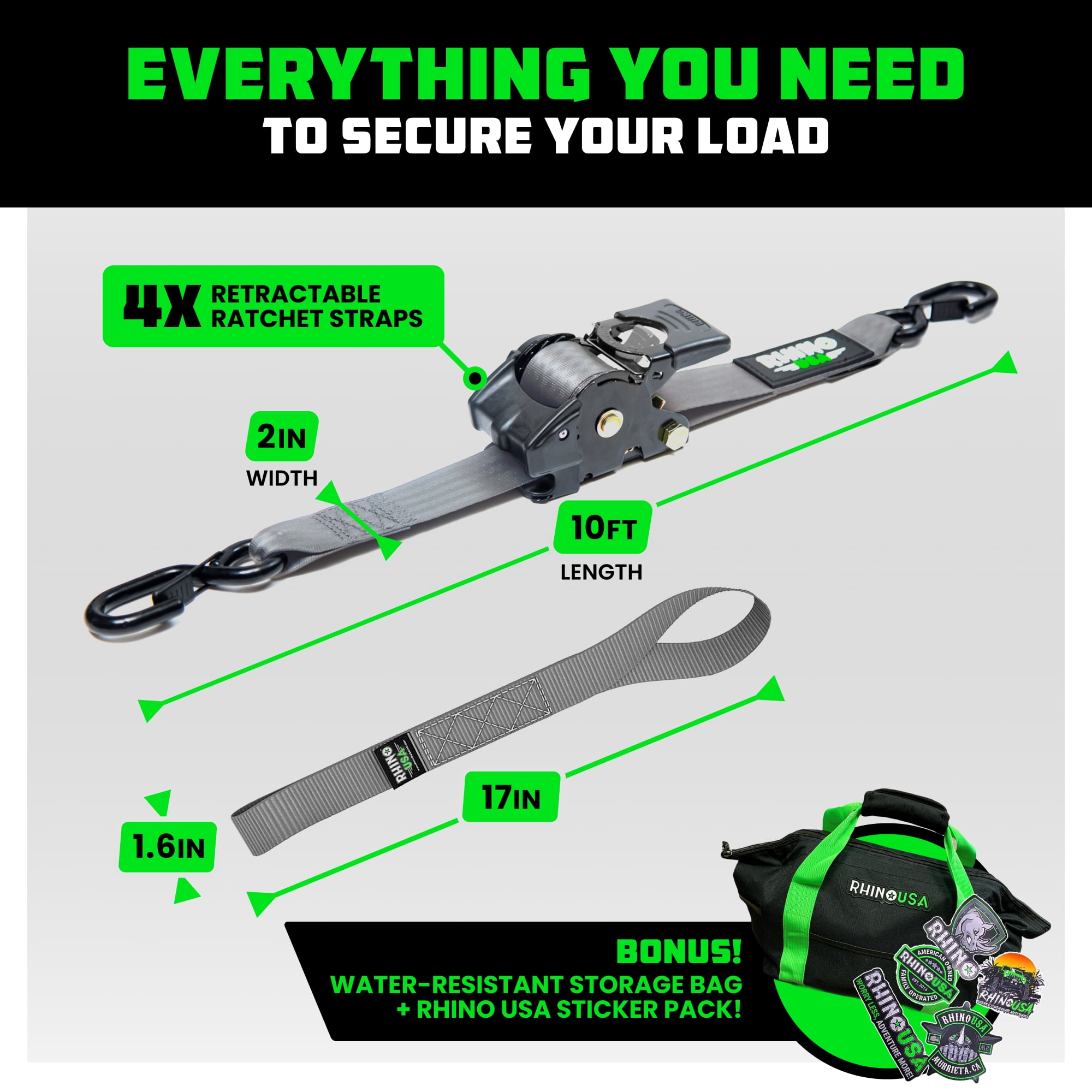 Rhino USA Heavy Duty 2" x 10' Retractable Ratchet Straps 3,033lb Break Strength (Gray 4-Pack)