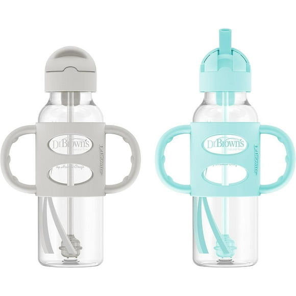 Dr. Brown's Milestones Narrow Sippy Straw Bottle, Spill-Proof with 100% Silicone Handles, Gray/Green, 6m+, 2x8oz Bottles