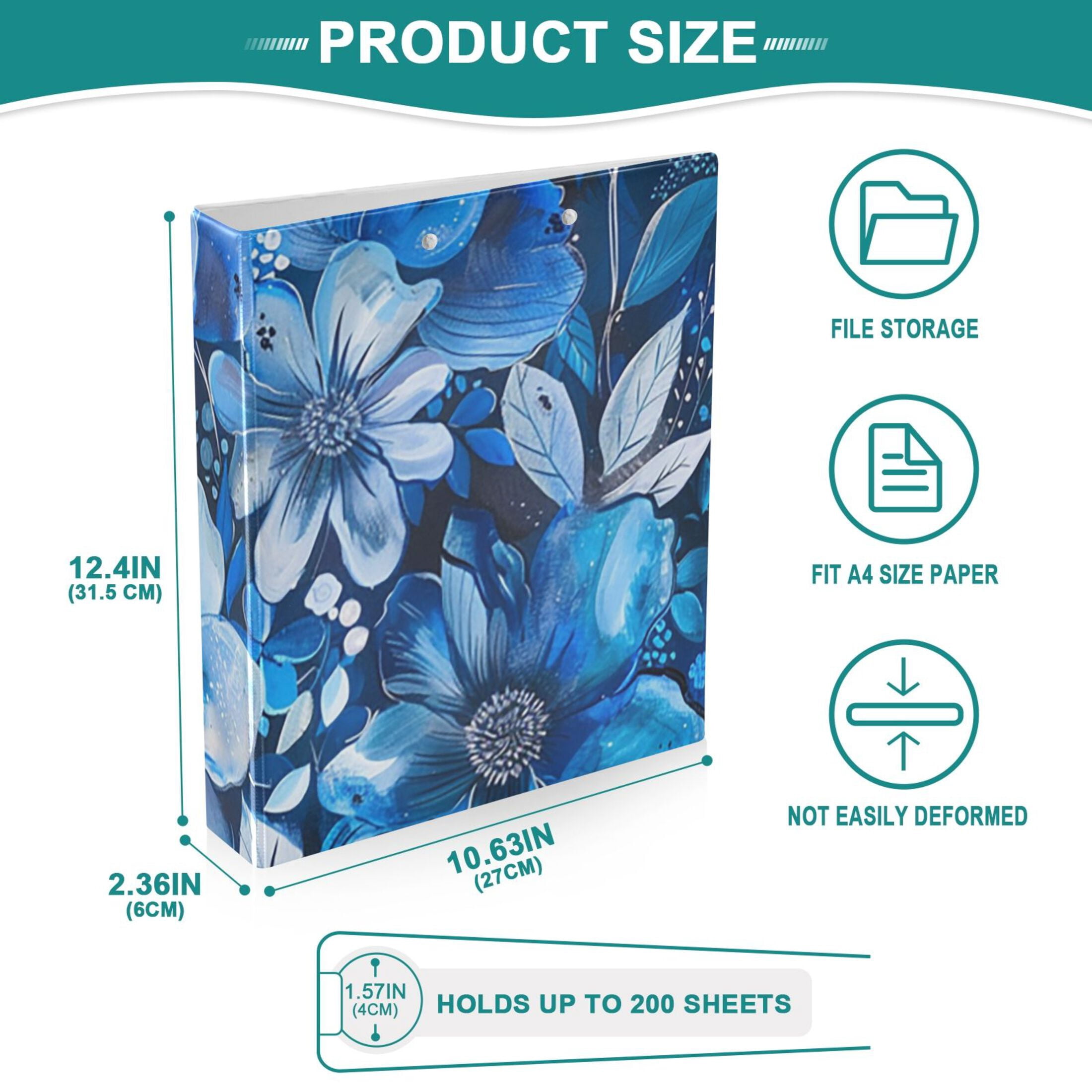 Blue Floral Flowers 3 Ring Binders 1.5 inch Hardcover File Folders with Interior Pockets A4 Size Organizer for School Office Hospital