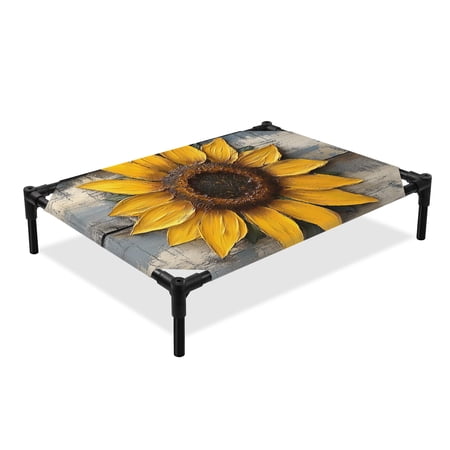 Summer Sunflower Elevated Dog Bed Vintage Yellow Flowers Wood Grain Cooling Breathable Outdoor Raised Dog Cot Bed with Metal Frame Non-Slip Feet for Large Dog 28x22in