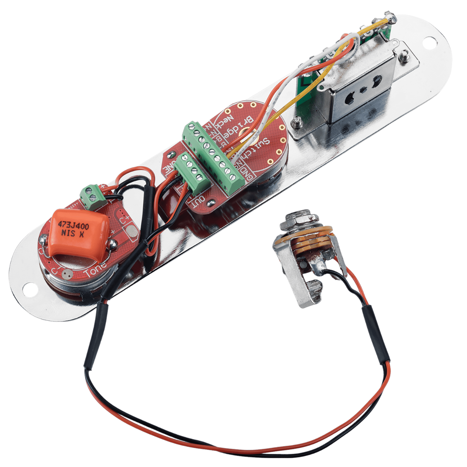 LOOKSEVEN Solderless Pre-Wired Control Plate Kit with 3-Way Switch, Aluminum Shaft Pot (1 Volume 1 Tone) Wiring Harness Easy Plug & Play Upgrade with Treble-Bleed Circuit for Telecaster Guitars