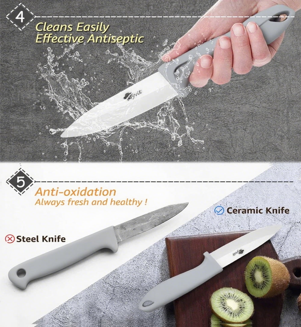 Myvit Ceramic Knives Set for Kitchen,11-Piece Chef Vegetable Fruit Paring Knifes with Cover, 6" Serrated Fruit Peeler,6",5",4",3" in Gray