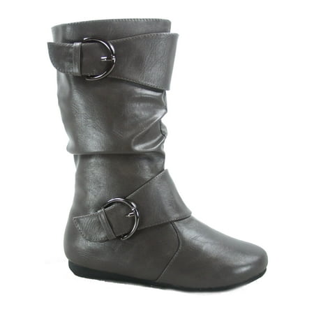 Klein-80k Girls Kid s Causal Round Toe Flat Heel Buckles Zipper Slouchy Mid Calf Boots Shoes ( Grey  12 )