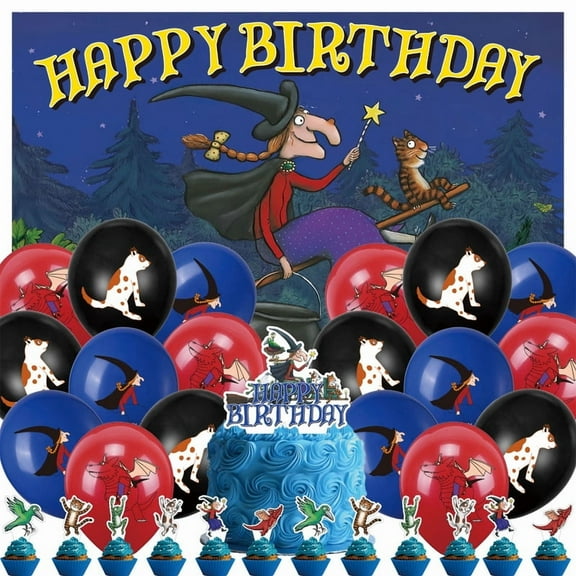 32 Pcs For Room on the Broom Theme Birthday Party Supplies Party Favor Set,With 5*3ft Birthday Backdrop Decorations,13 Cupcake Toppers,18 Balloons,All in One Party Supply Set