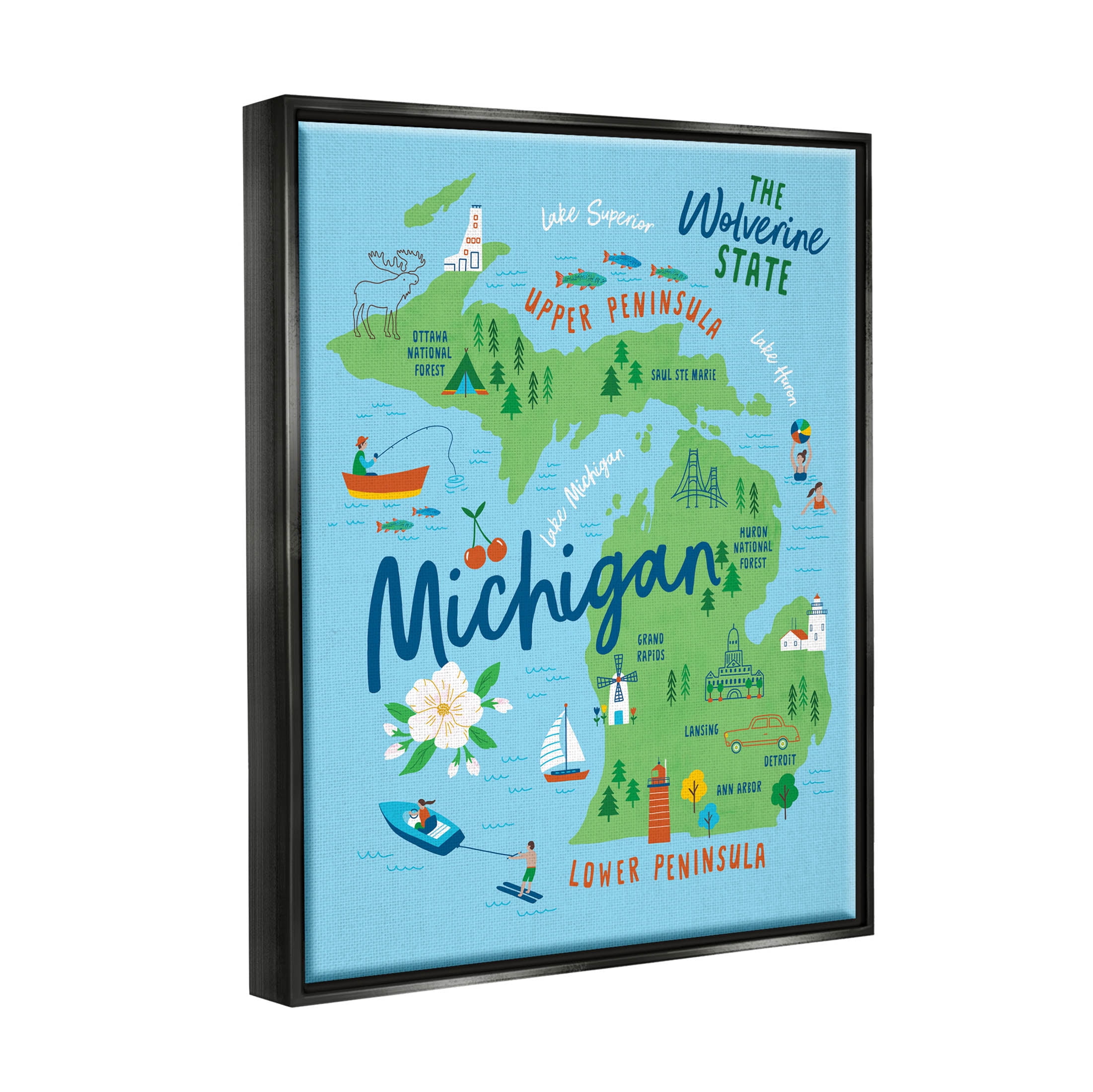 Stupell Industries Everyday Michigan Illustrated Map Graphic Art Jet Black Floating Framed Canvas Print Wall Art, Design by Nina Seven