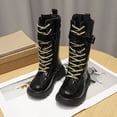 thumbnail image 4 of PFWOWB Girls Knee-High Combat Boots Lace-Up Buckle Strap Tall Boots with Side Zipper (Black,13), 4 of 5