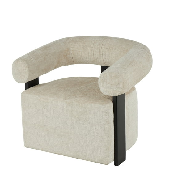DecMode Polyester Curved Back Lounge Chair with Black Wood Support, Beige