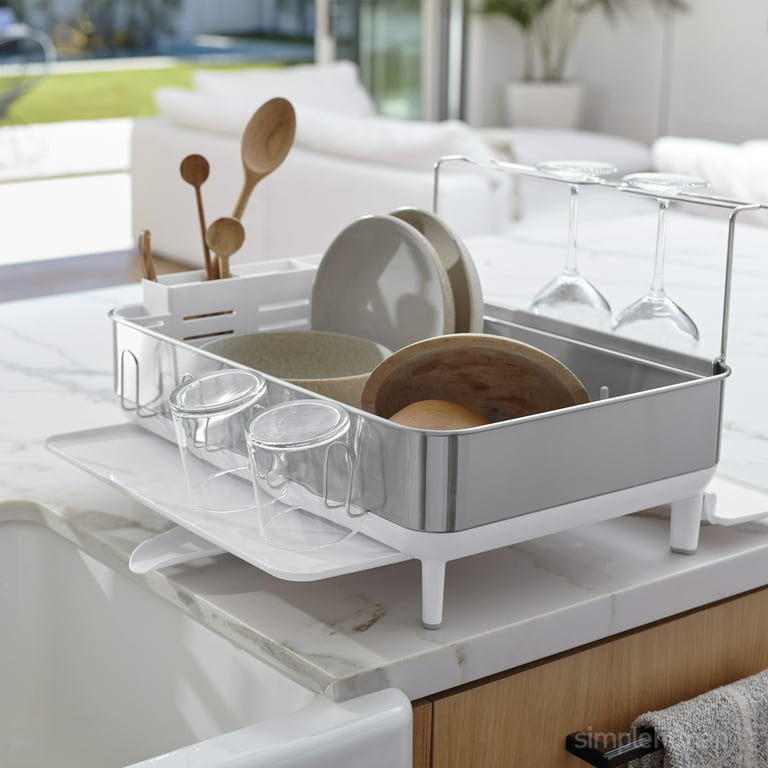 simplehuman Kitchen Dish Drying Rack, Stainless Steel Frame, White Plastic  