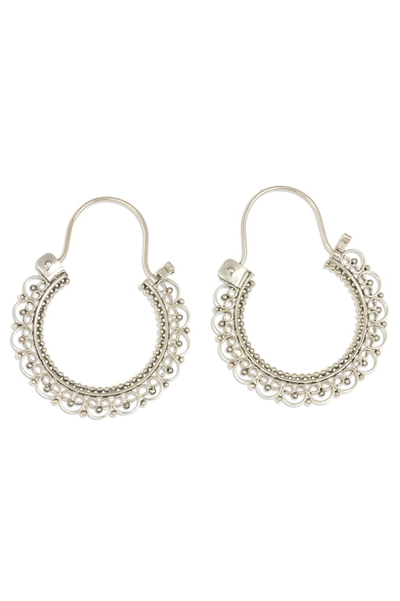 Sterling silver hoop earrings, 'Balinese Lace'