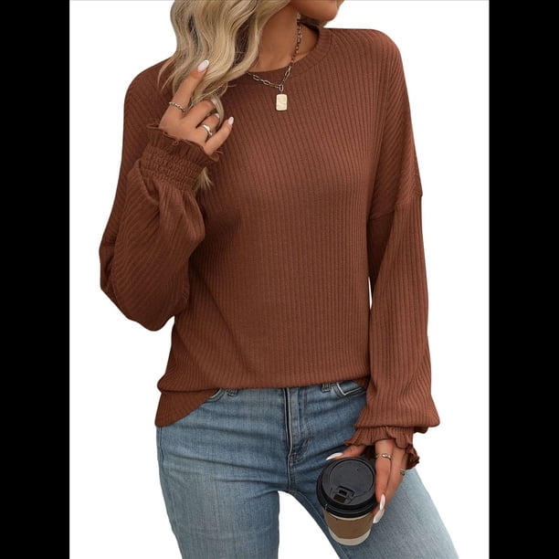 Camiseta Holgada Informal de Cuello Redondo y Larga Acanalada para Mujer, Ideal para y Otoño Color Caramelo XL