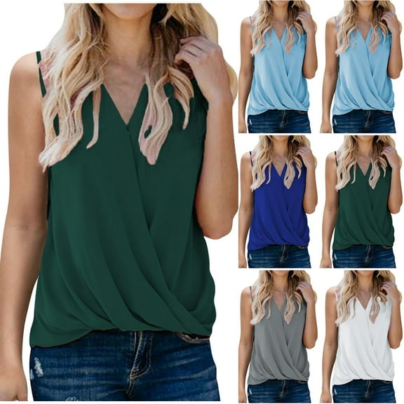 Women Wrap Front Tank Tops Loose Fit Sleeveless Solid Color V Neck Blouses Casual Summer Tshirt Top with Leggings