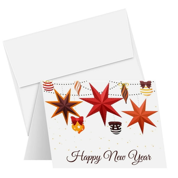 2026 Happy New Year Greeting Cards and Envelopes – Christmas Lanterns and Baubles for Holiday Greetings, Gifts and Presents – Blank Inside, Pre-scored | 4.25 x 5.5 (A2 Size) | 10 Cards & 10 Envelopes