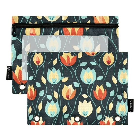 Elegant Tulips Flower 2 Pack Pencil Pouch for 3 Ring Binder Smooth Zipper Folders with Pockets Clear Window Pencil Case