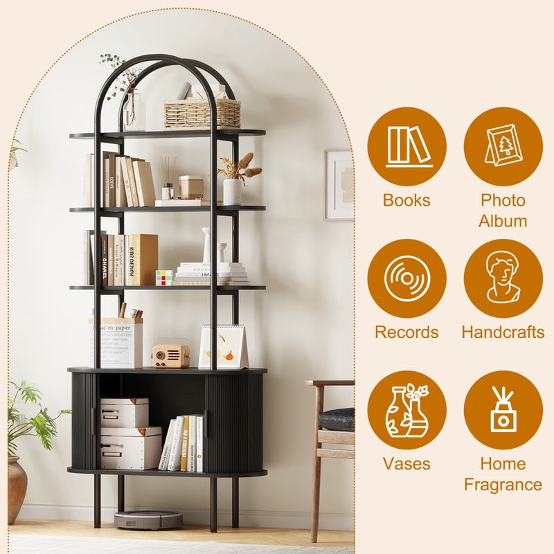 71" Tall Fluted Arched Bookshelf with Sliding Doors, Mid Century Modern Metal Curved Bookshelf Cabinet with Storage and Adjustable Footpad, 4-Tier Open Display Storage Shelf for Home, Living Room