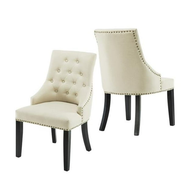 Mid Back Button Tufted Fabric Dining Chair with Low-Profile Armrest, Beige - Set of 2
