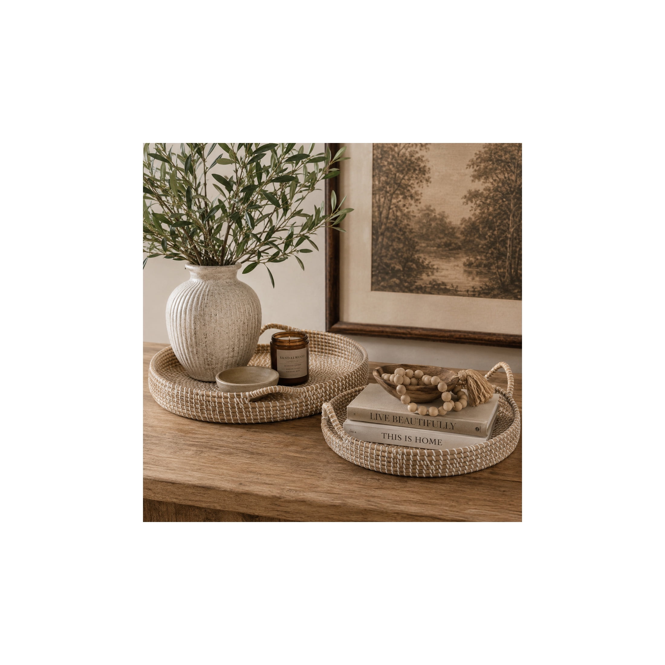 DecMode 27", 26"W Brown Dried Plant Handmade Tray with Metal Rim, 2-Pieces