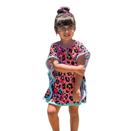 

Toddler Kids Baby Girls Swimwear Cover Up Summer Leopard Rainbow Tassel Beach Dress Pompom Poncho Rash Guards Swimsuits Bikini Cover Ups Child Leisure Outwear