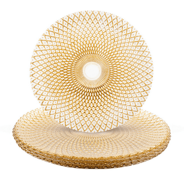 Koyal Wholesale Round 13" Starburst Gold Glass Charger Plates, Modern Glam Look, Bulk Set of 4, Table Setting