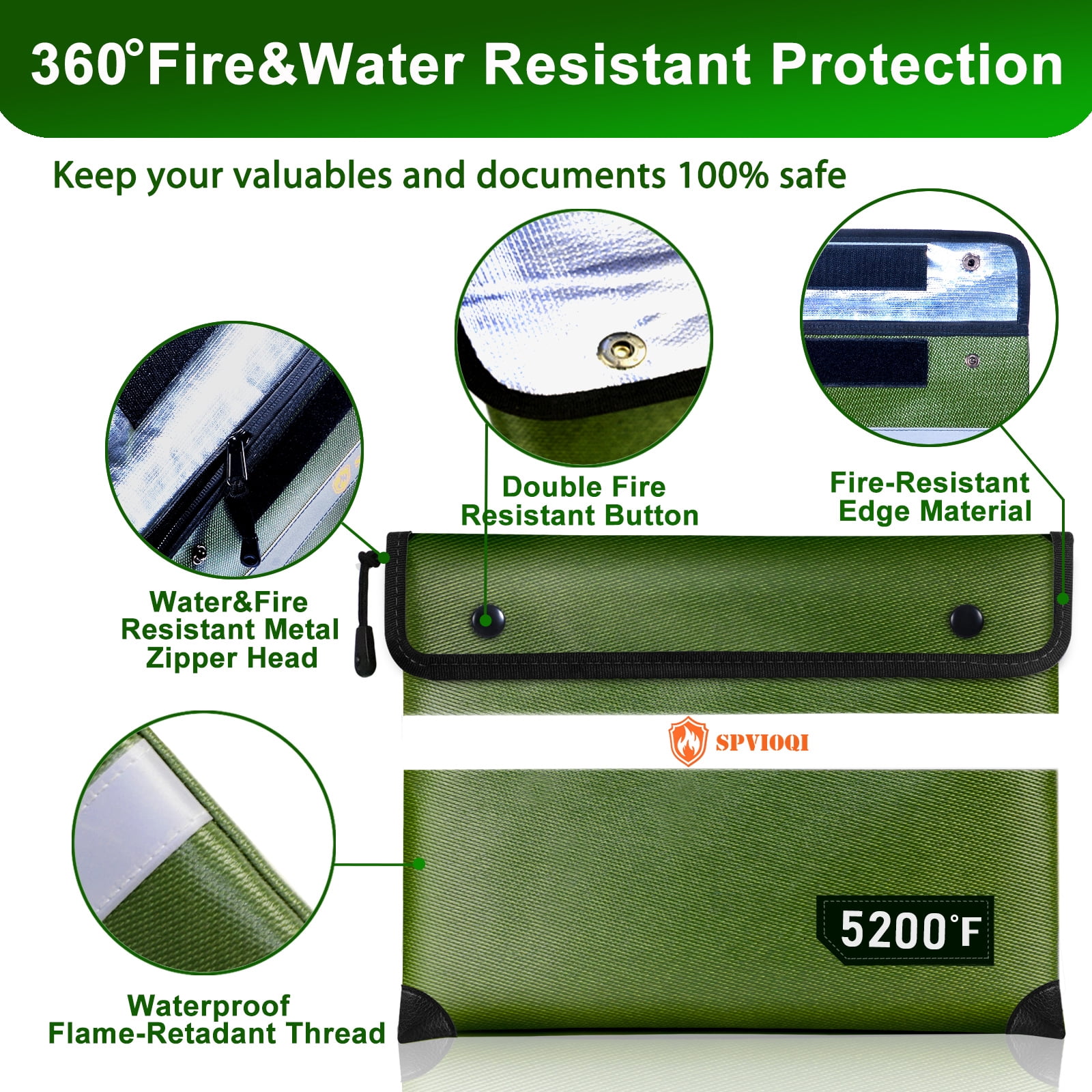 Fireproof Document Bag 5200°F with Heat Insulated, Fireproof Money Bag for Cash with Zipper and Reflective Strip, 14.2” X 11” Fireproof Safe Storage Pouch for Valuables
