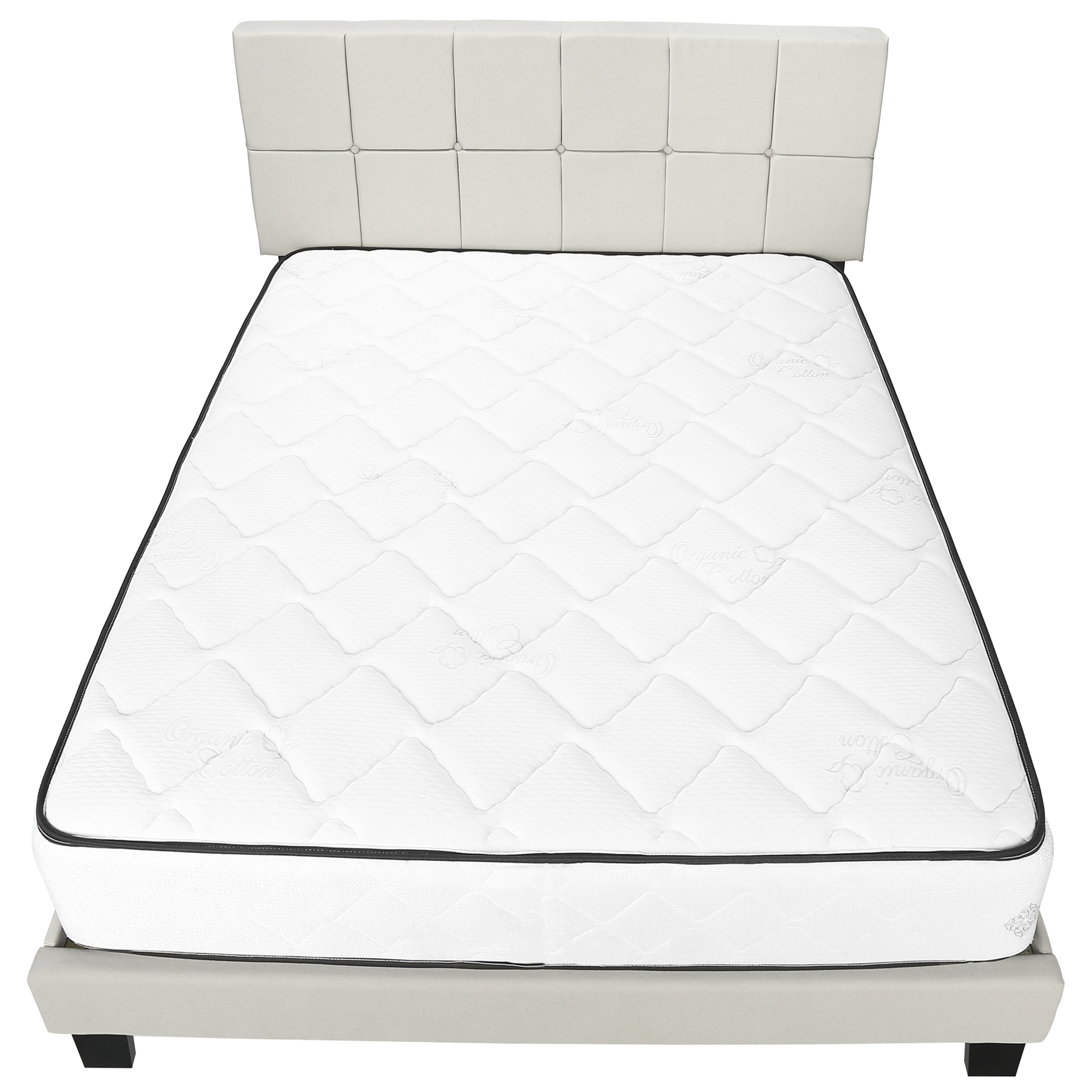 JERFIT Queen Upholstered Platform Bed Frame with Button Tufted Headboard, Beige Linen Fabric, Solid Wood Legs Support