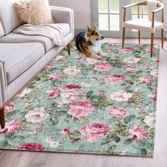 Rectangle Area Rugs 4 x 6 Ft, Vintage Spring Floral Non-Slip Residential Carpet, Botanical Summer Pink Green Indoor Crawling Mats Runner Rugs for Living Room/Dining Room/Bedroom
