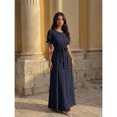 thumbnail image 5 of Multicolor Navy Blue Polka Dot Print Dress, Womens Round Neck Short Puff Sleeve Belted Maxi Dress, 5 of 7