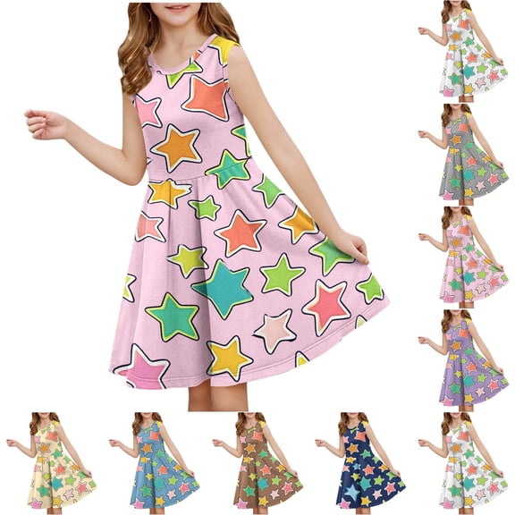 Eltusu Girls Casual Dresses, Midi Dress Crewneck Sleeveless Printed Kids Clothes Pink Size 6 T