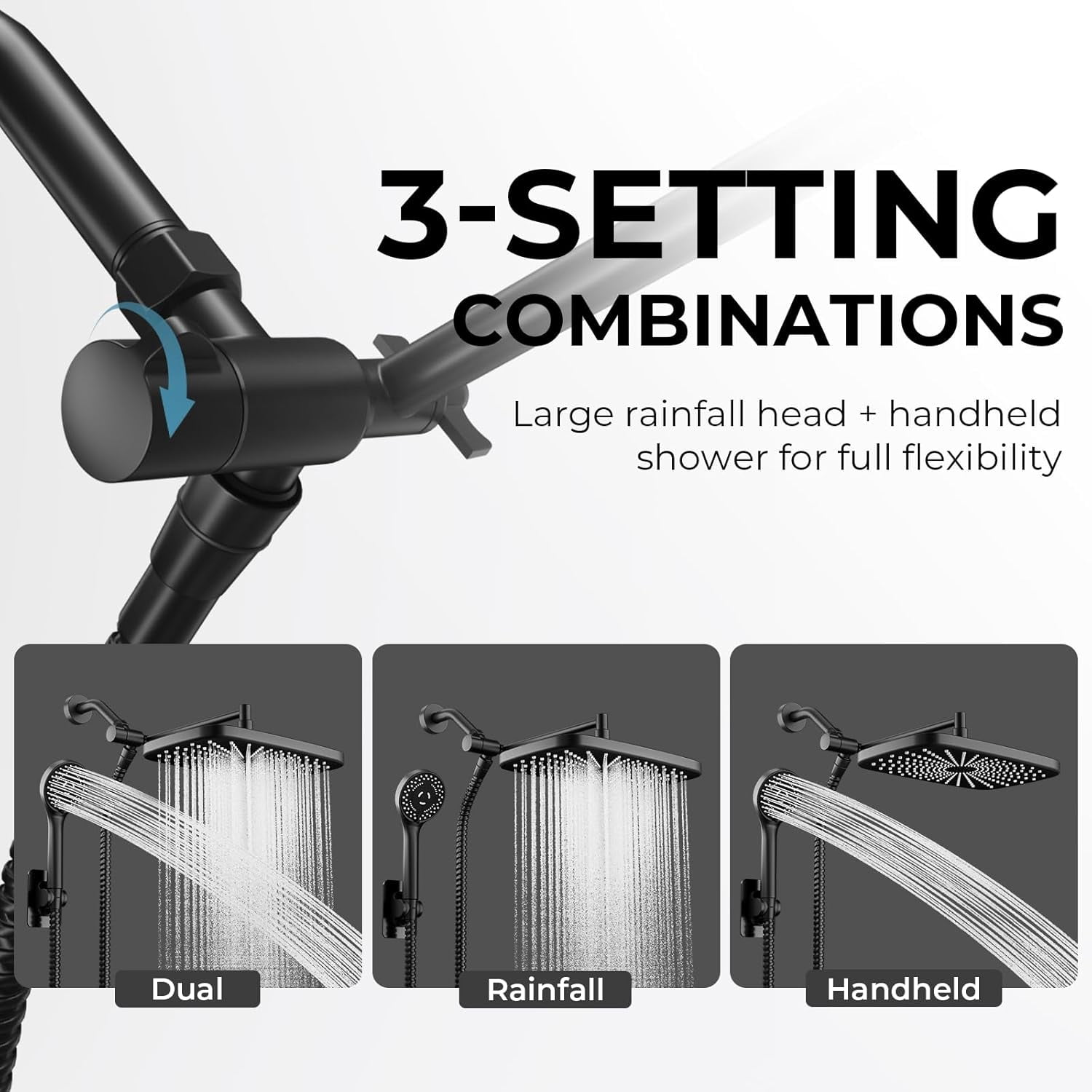 Wide Rain Shower Head With 5 Modes Handheld Showerheads, High Pressure Showerhead Combo with Extension Arm for Bathroom Accessories, Adjustable Shower Head with Anti-Clog Nozzles (Chrome)