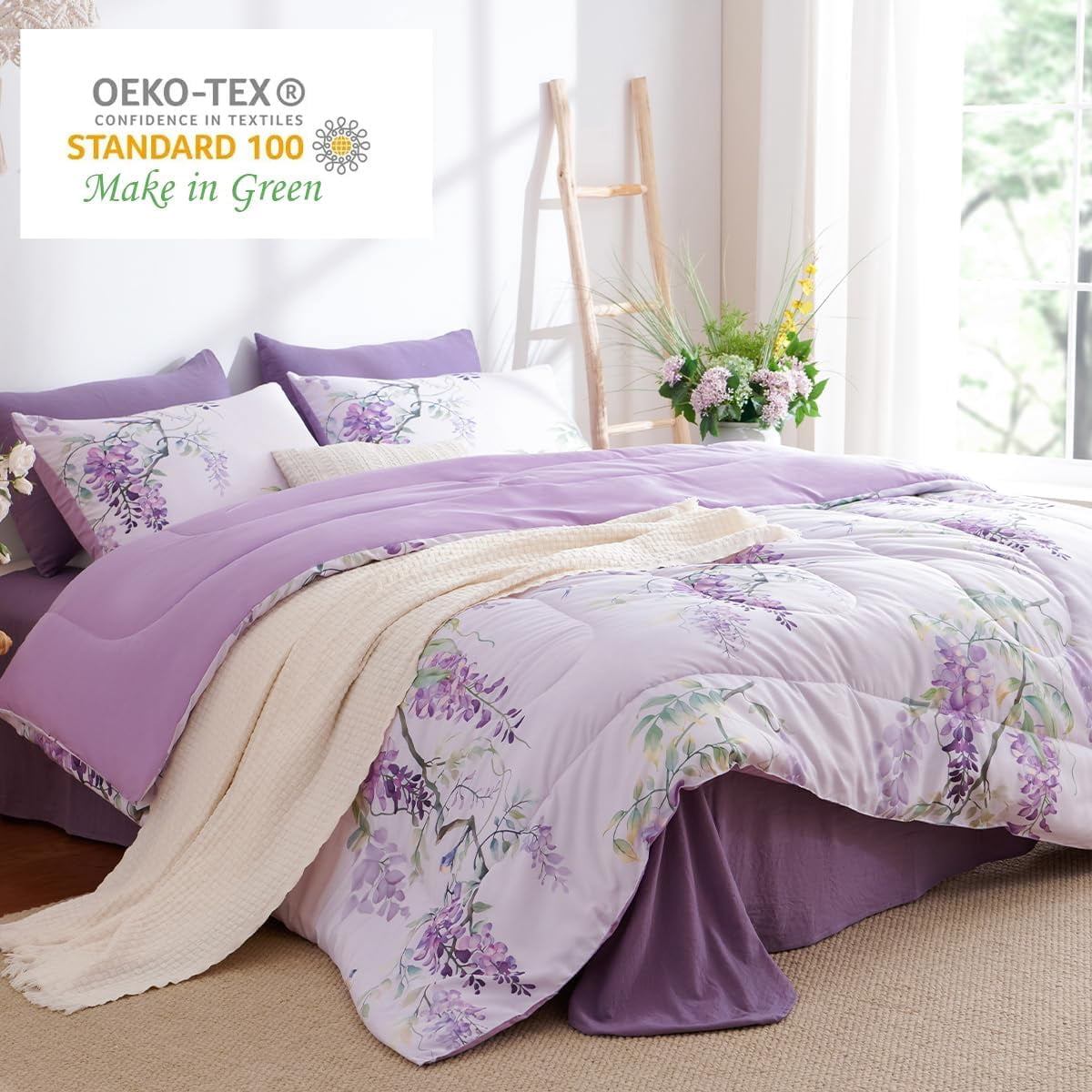 JOLUSERE Romantic Wisteria Comforter King Sets, 3 Pieces Chic Botanical Purple Floral Reversible Comforter for All Season