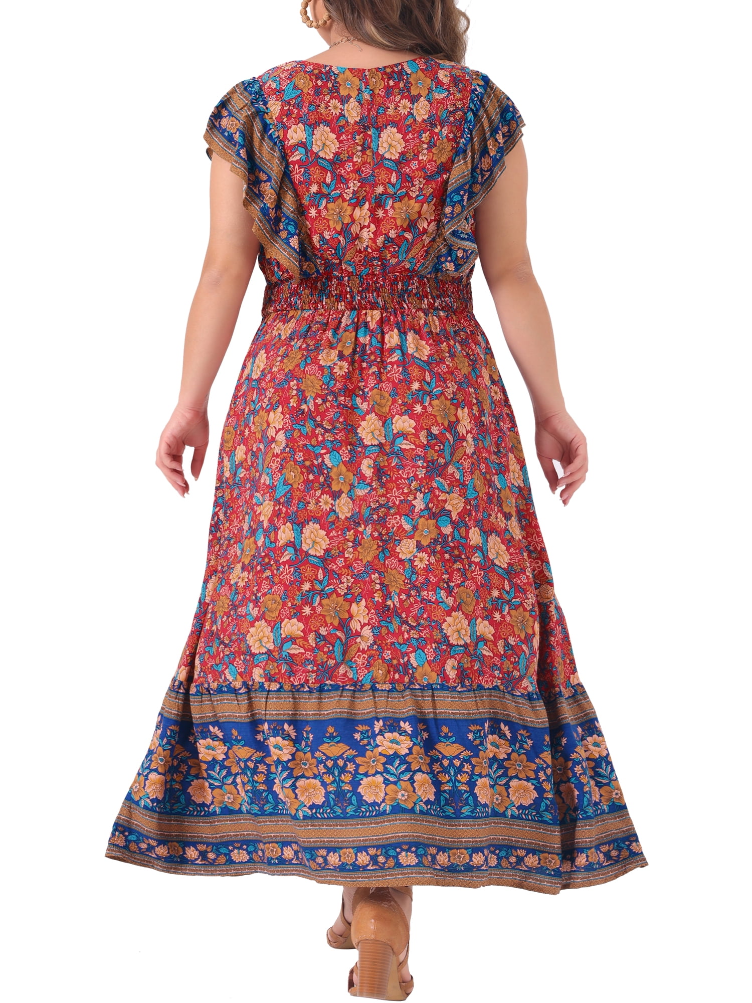 DARING DIVA Plus Size Floral  Ruffle Sleeve Beach Boho Maxi Dress 4X Red