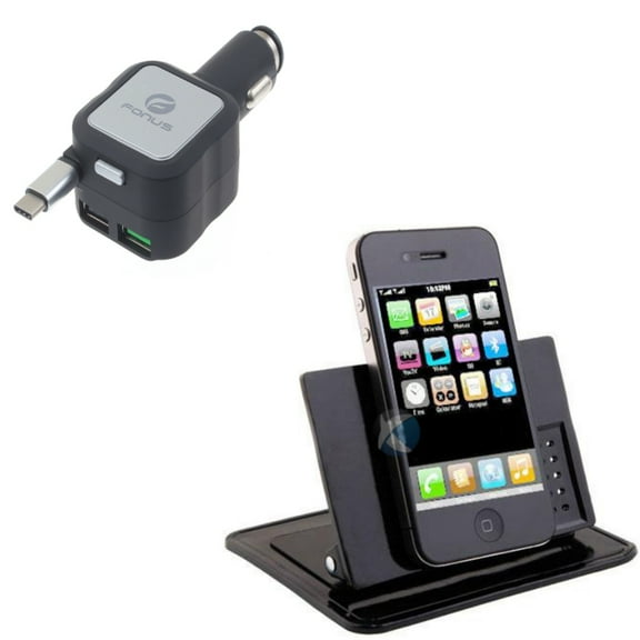 Retractable Car Charger w Dash Car Mount for OnePlus 9, Nord N200 5G/N100/N10 5G, Pro Phone - 4.8Amp Type-C 2-Port USB, Sticky Holder Non-Slip Stand Y1V for OnePlus 9, Nord N200 5G/N100/N10 5G, Pro