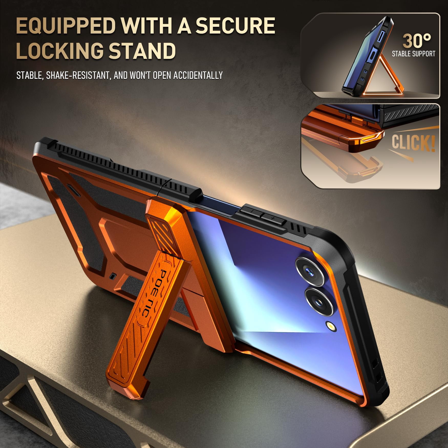 Poetic Spartan for Samsung Galaxy Z Flip 7 Case, [Kickstand] [Hinge Protection] [20FT Mil-Grade Drop Tested], Full-Body Rugged Shockproof Protective Phone Cover for Galaxy Z Flip7, Metallic Orange