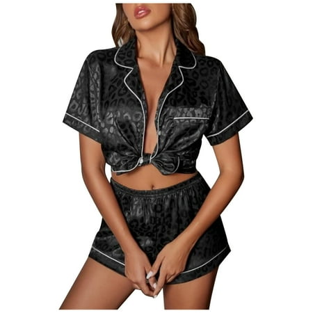 

Lingerie For Women Boxer Briefs Underwear Women S Sleepwear Women Satin Leopard Print Temptation Babydoll Short Sleeve Shirts Tops Suit Satin Pajama Top + Shorts Set Black XXL