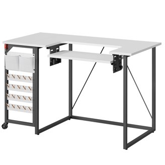 Folding Sewing Table With Storage - Rolling Craft Station With Drawer & Locking Wheels, White