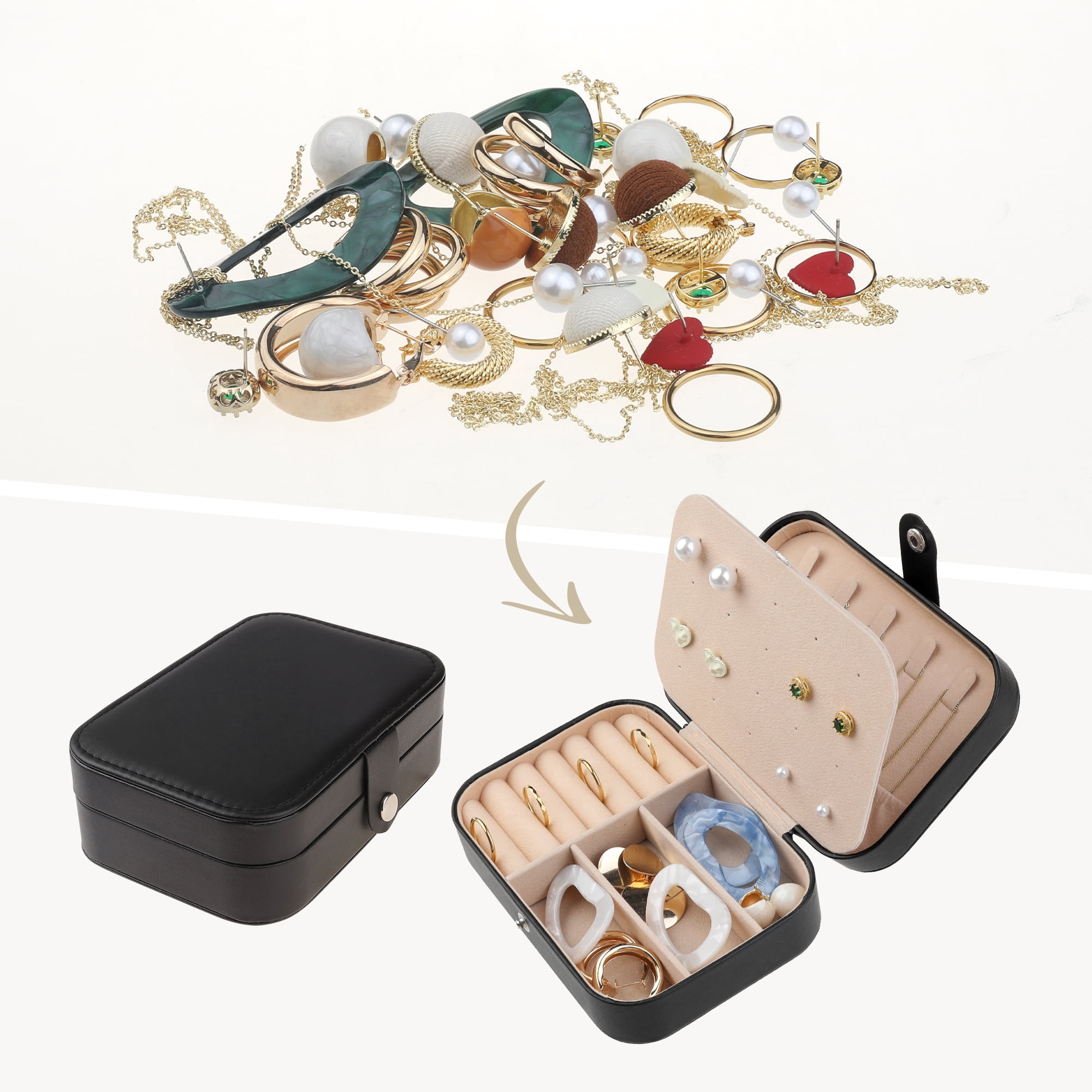 Travel Jewelry Box for Women Gifts Portable PU Leather Organizer for Earring Necklace Black