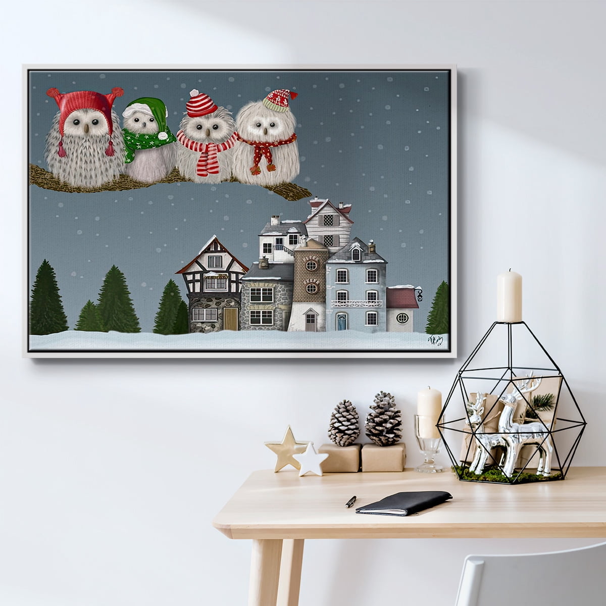 Christmas Christmas Owl Village - Framed Gallery Wrapped Holiday Canvas - 25 x 37 - White Frame