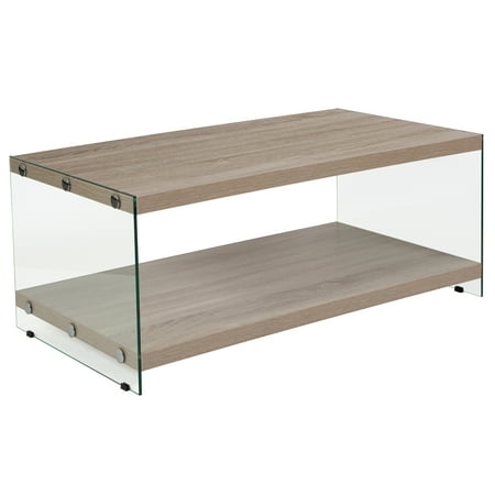 Glass Natural Wood Table - Flash Furniture Weston Collection Natural Wood Grain Finish Coffee Table with Glass Frame and Shelves