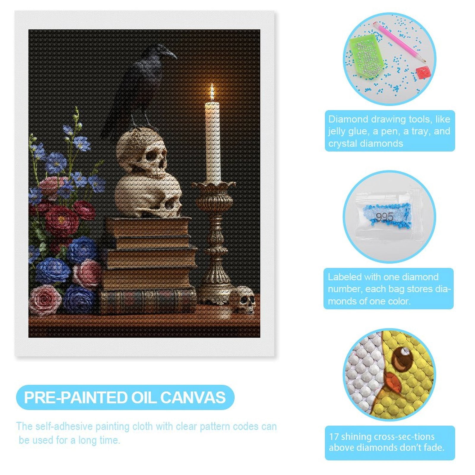 Diamond Art Kits for Adults, Floral Skull Books Candle Raven 5D Diamond Painting Kits for Adults Beginners, DIY Full Drill Diamond Painting, Gem Art and Crafts 12x16