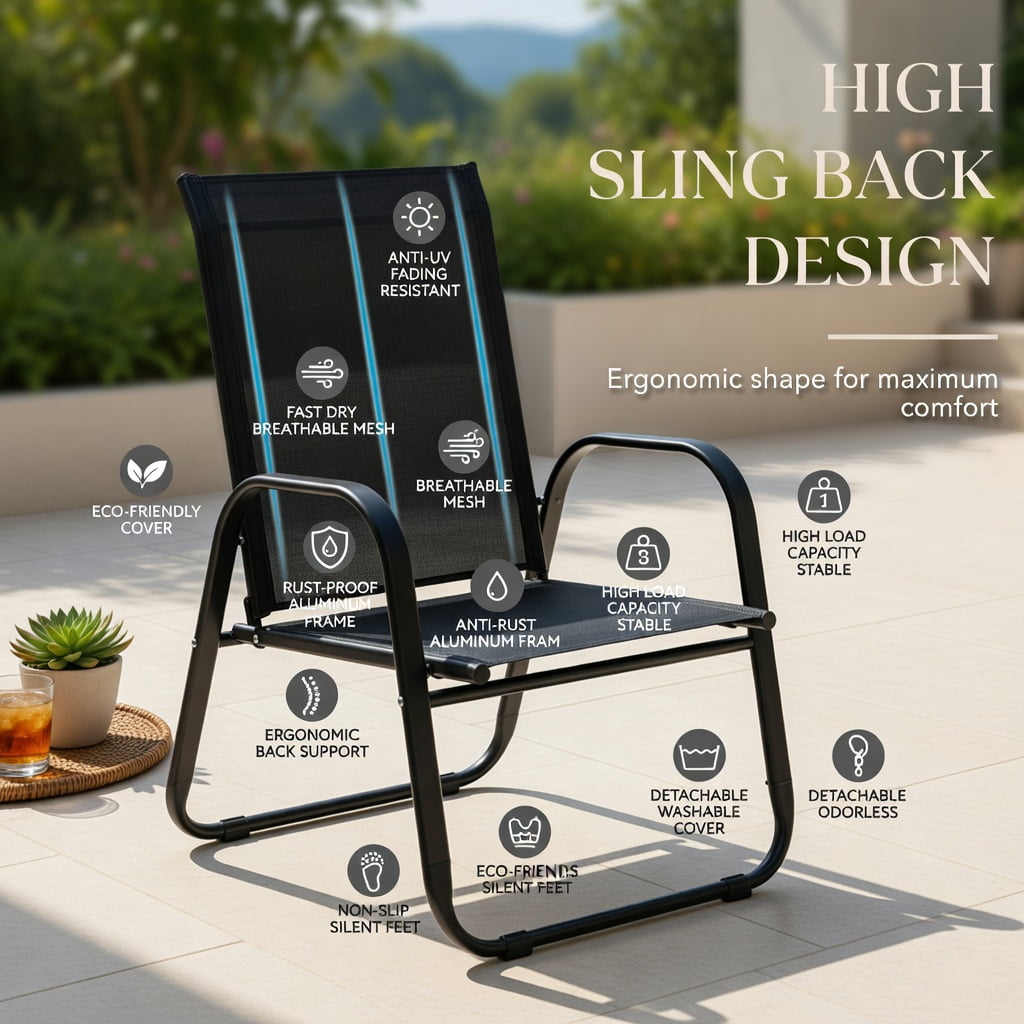 Hommoo 2-Pack Outdoor Dining Chairs with Armrests, Heavy-Duty Steel Frame, Breathable Fabric, All-Weather Patio & Balcony Seating, Black