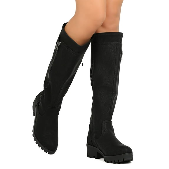 Nature Breeze FH64 Women Leatherette Knee High Lug Sole Zippered Riding Boot