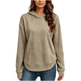 thumbnail image 2 of FDGIU Women's Quilted Pullover Hoodie, Long Sleeve Curved Split Hem Hooded Sweatshirt with Kangaroo Pocket for Casual Daily Wear, 2 of 6