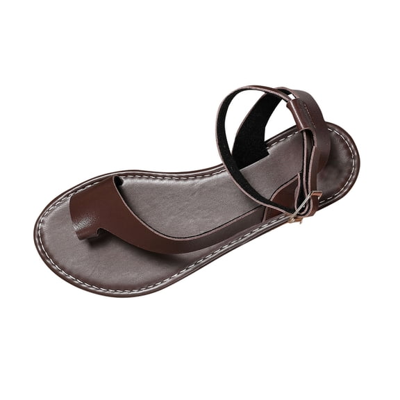 GERsome Women's Toe Ring Sandals Open Toe Ankle Strap Comfort Flat Flip-Flops Summer Slip On Beach Sandals, Brown Size 7.5