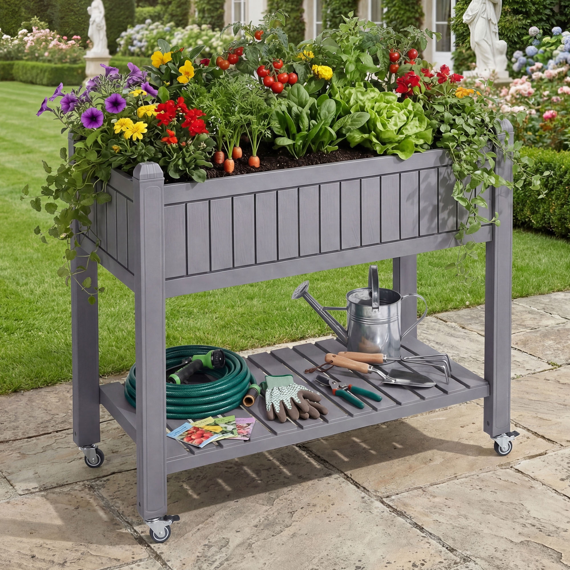Uforic Mobile Raised Garden Bed 42.5x17.3x35.4 in, Elevated Plastic Planter Box with Drain Plug, Storage Shelf & Wheels, Light Brown