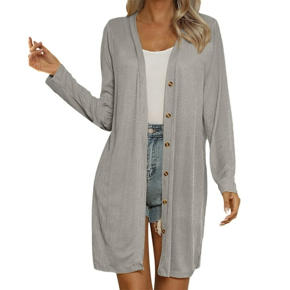 HJYCHN Women's Elegant Loungewear Style Cardigan Long Sleeve Knitted Jacket Mid Length Solid Ice Silk Cardigan for Comfortable Daily Wear Grey L